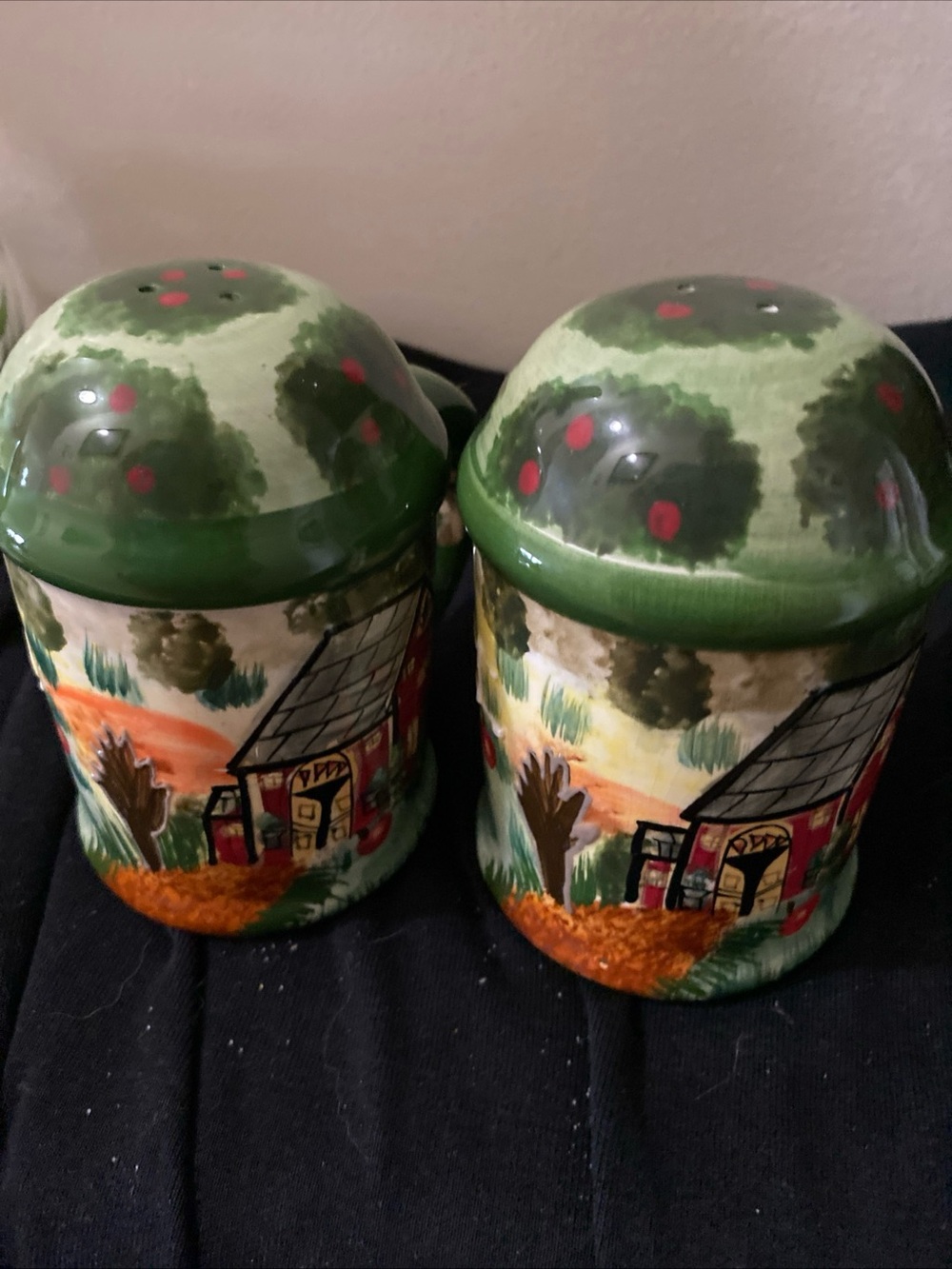 Hand-Painted Green Ceramic Cottage Salt and Pepper Shaker Set